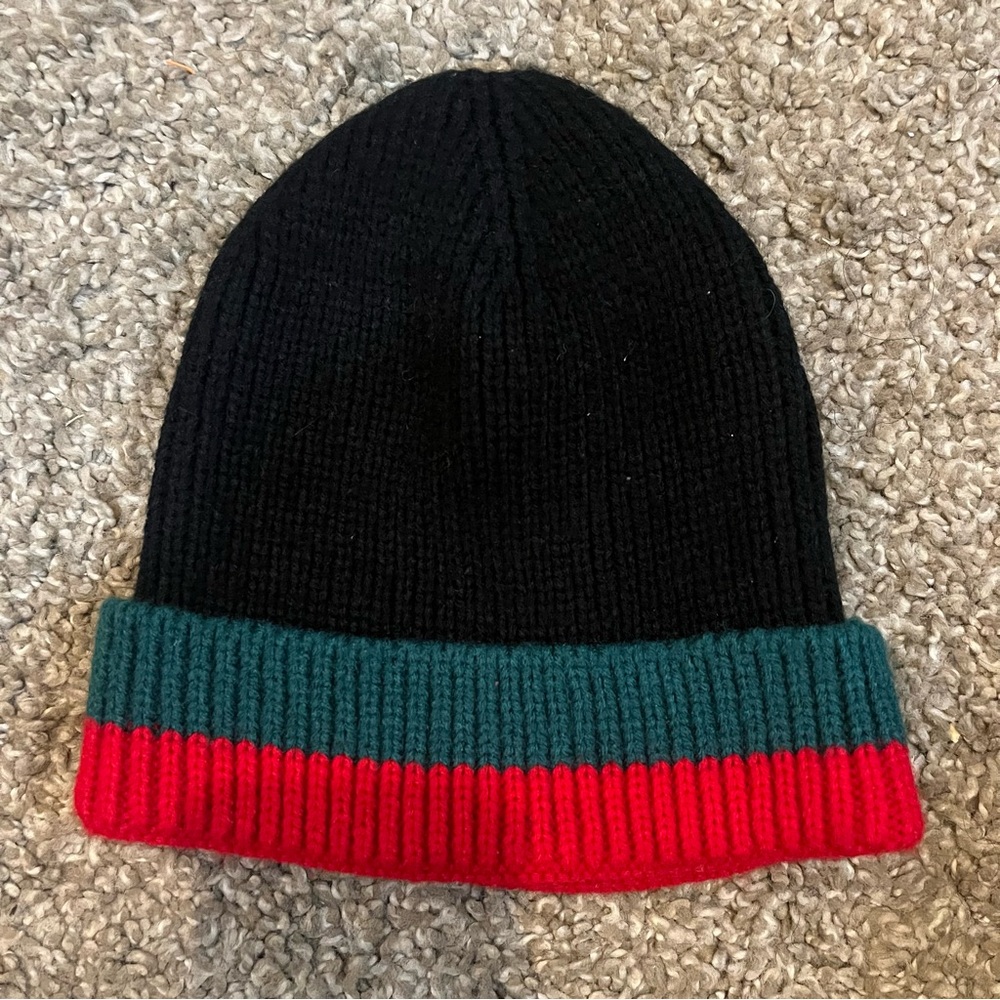 Black and Red Knit Beanie with Sporty Stripes